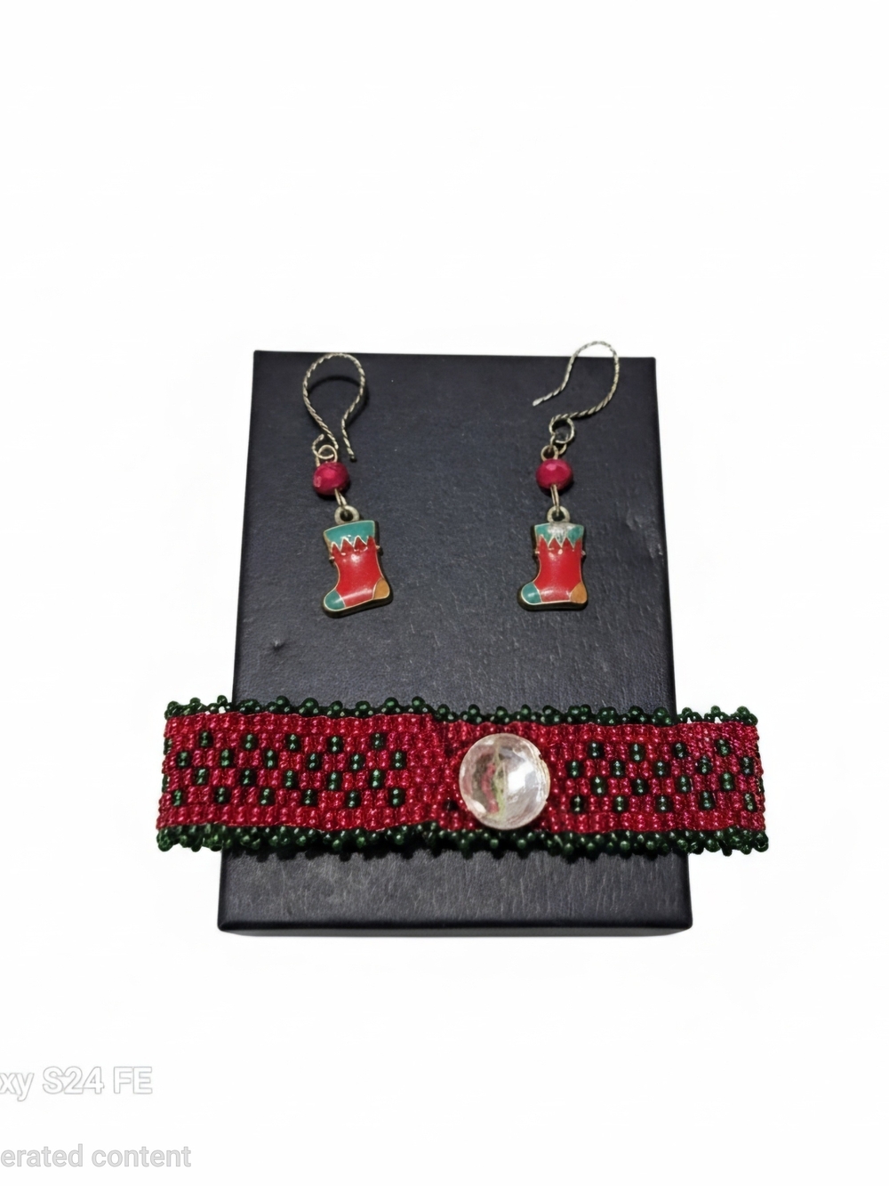 Hand Crafted Red and Green Beaded Bracelet Set with Holiday Boot Earrings